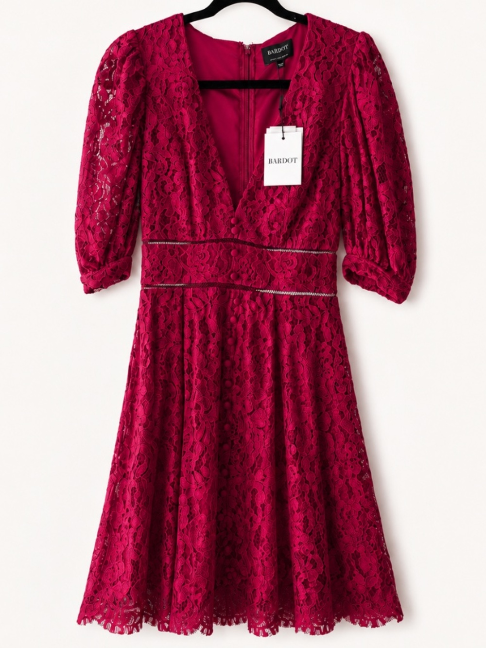 NWT Bardot Kira Crimson Lace Mini Dress US 4 S Puff Sleeve V-Neck